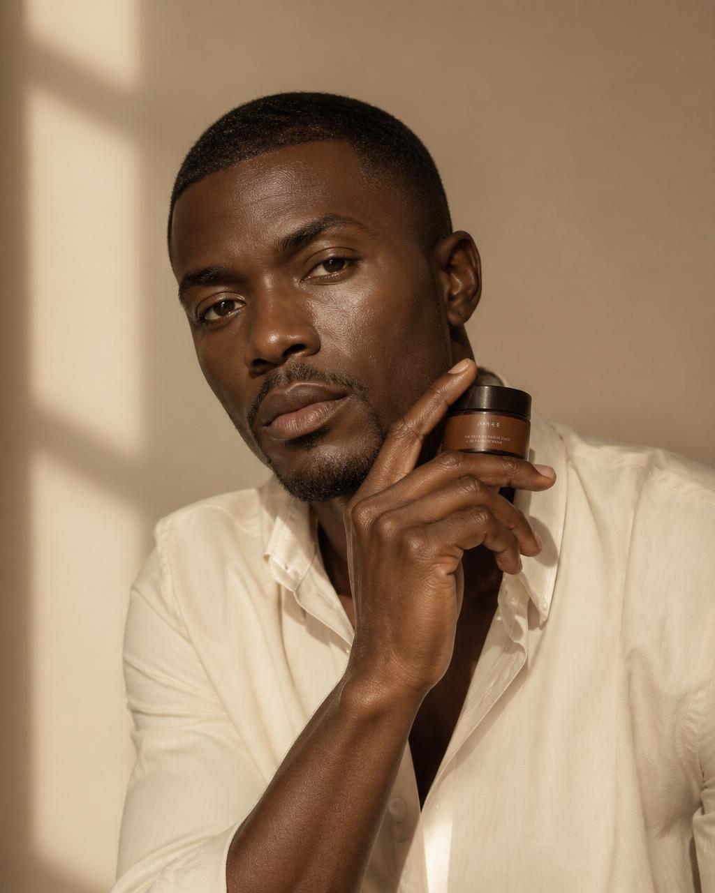 Portrait of a model holding skincare